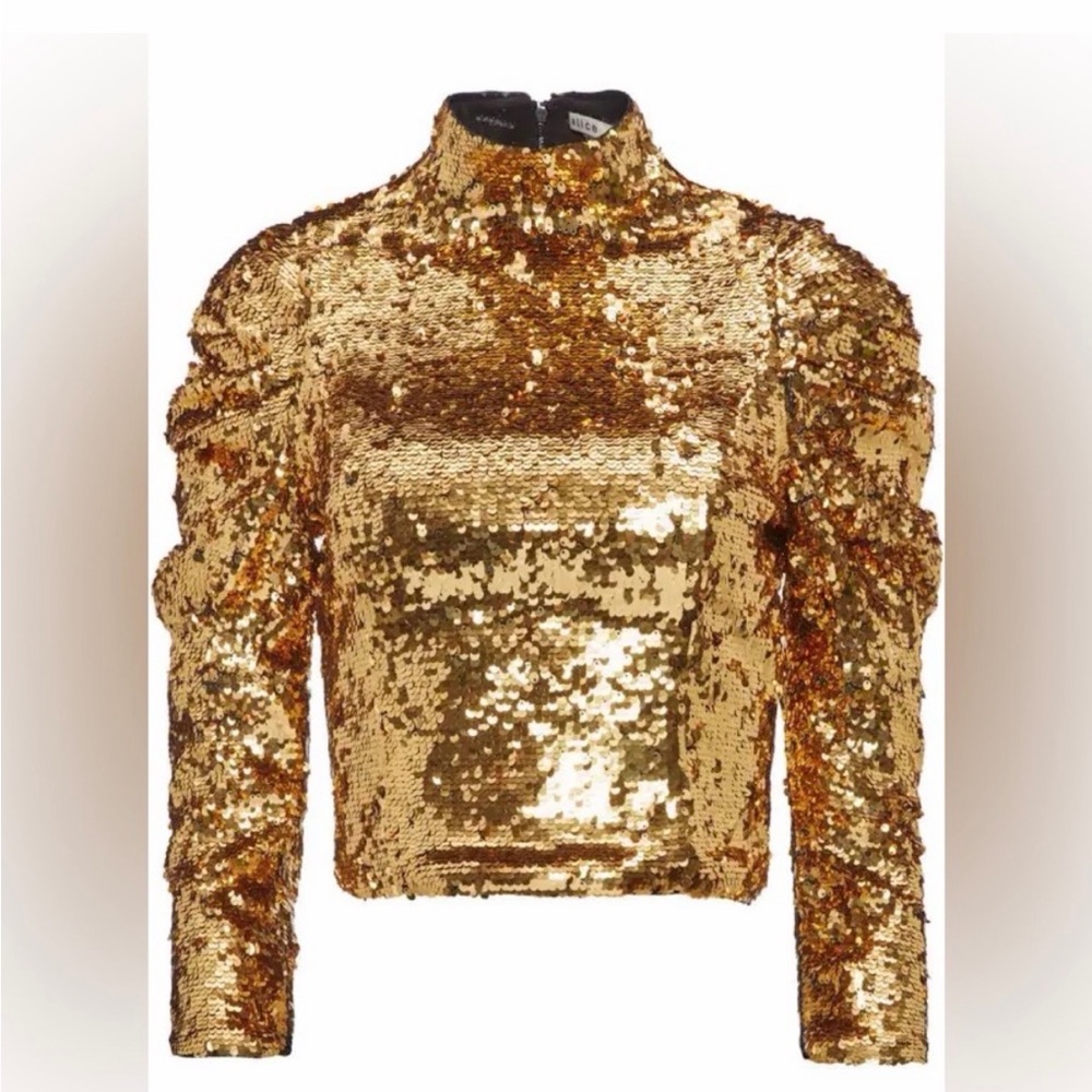 Alice+Olivia size 0 NWOT Gold Sequin Long Sleeve Top with zipper up back.